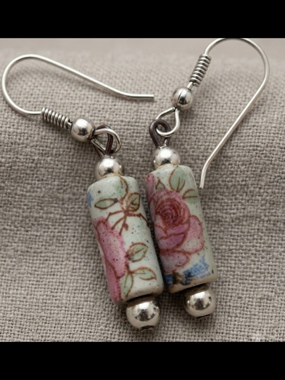Vintage Pink Rose Ceramic Drop Earrings with Silver Accents Romantic Collectible